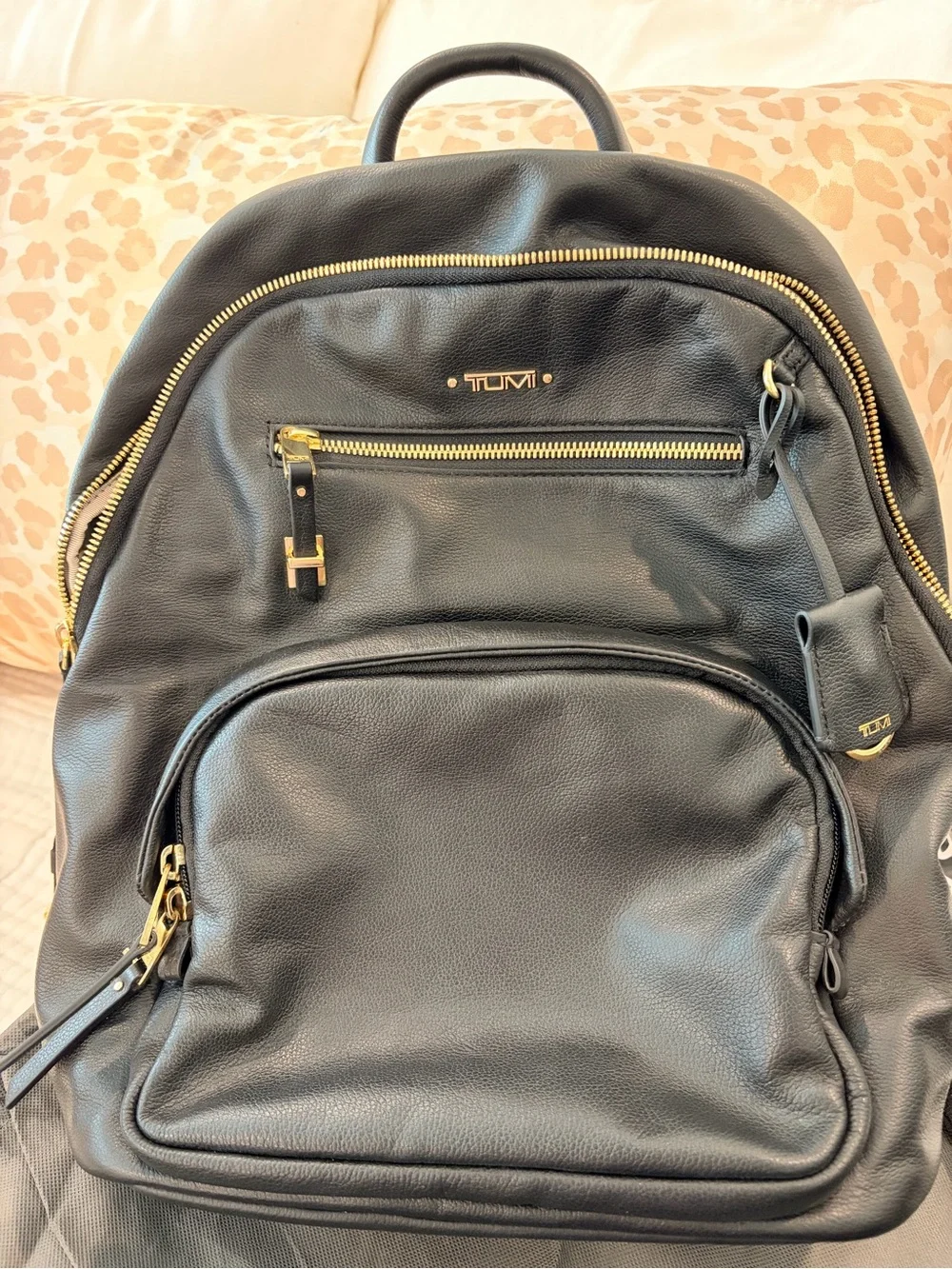Tumi Black Leather Backpack with Gold Hardware